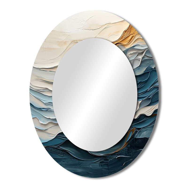 Blanc et bleu vague de marbre I - miroir mural ovale blanc côtier, 43 po x 33 po