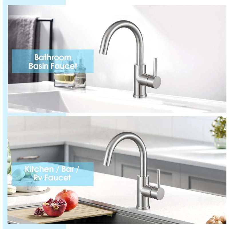 Bar Sink Faucet, Bathroom Kitchen Faucet Brushed Nickel Pre Wet Small Mini Kitchen Bath Utility Marine Faucet Single Hole Stainless Steel Farmhouse Vanity Lavatory Faucets Outdoor