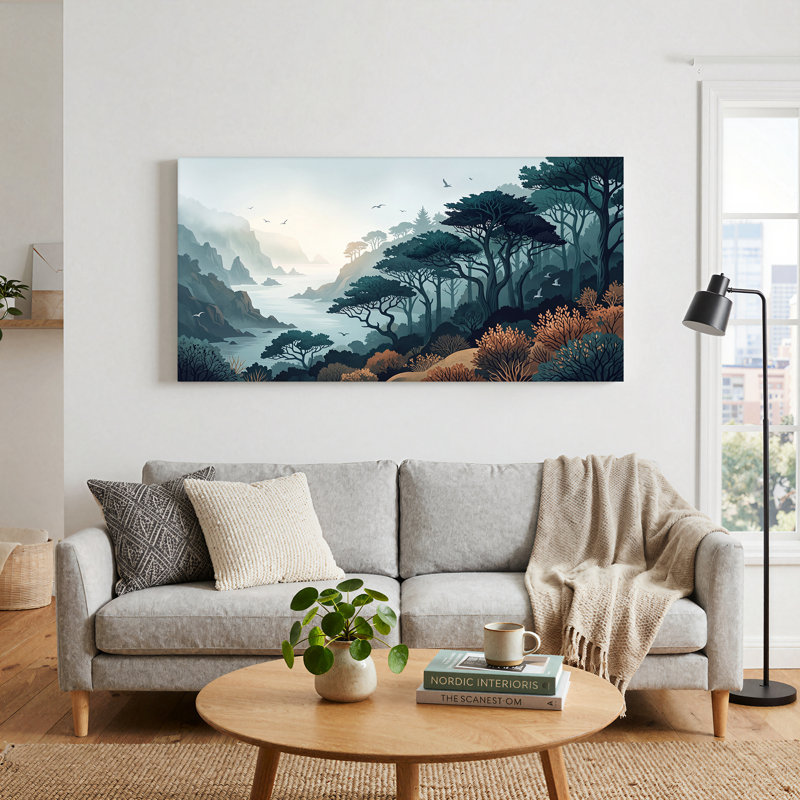 " Blue and Orange Misty Forest Coastal Landscape 47 x 24 x 1.5 Inch " Painting