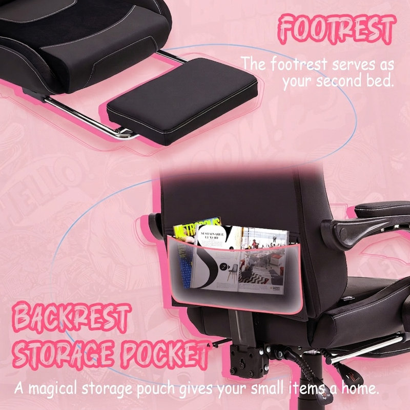 Fauteuil de jeu de course et de course inclinable, réglable et ergonomique en cuir avec repose-pieds, Noir