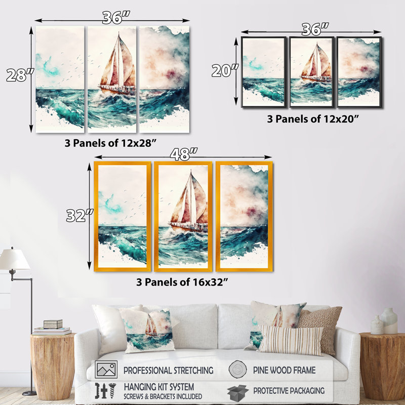 Aquarelle, voilier, croisières sur les vagues - impression sur toile 3 pièces, H 32 po x l 48 po x P 1 po