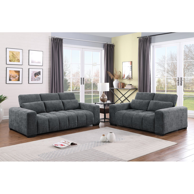 Ensemble de canapé et causeuse 2 pièces Buchheit en tissu chenille, Gris foncé