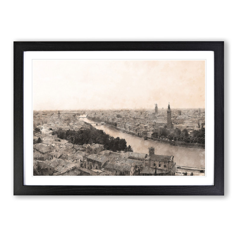 Skyline of Verona Italy - Picture Frame Painting Print, Black Framed, 62cm H x 87cm W x 2cm D