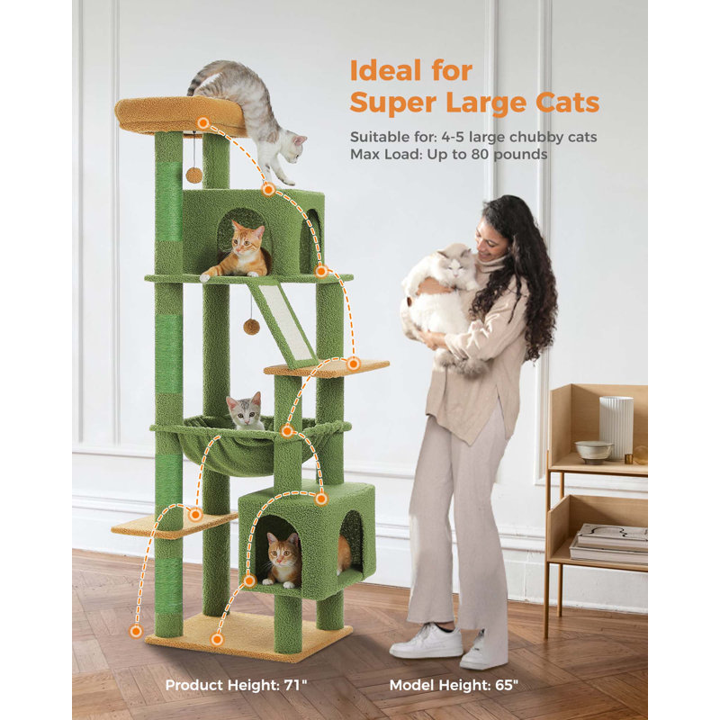 71" Green Multi-Level Cat Tree with Hammock and Condos