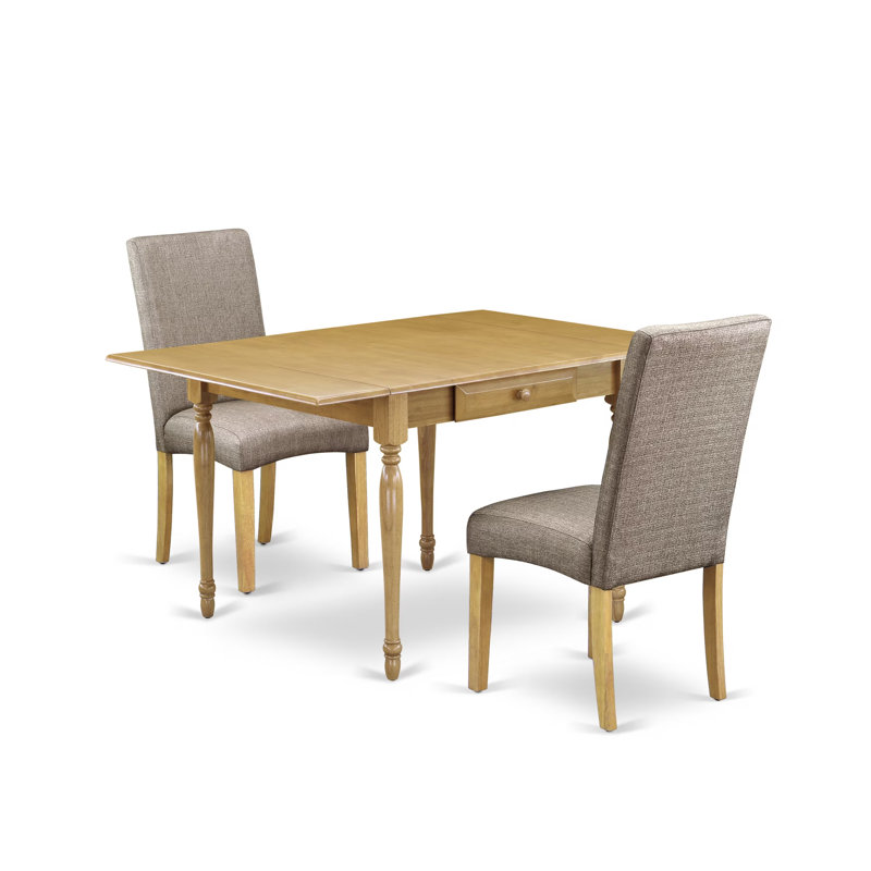 3 Piece Kitchen Table & Chairs Set Contains a Rectangle Dining Room Table with Dropleaf and 2 Dark Khaki Linen Fabric Parsons Chairs, Oak