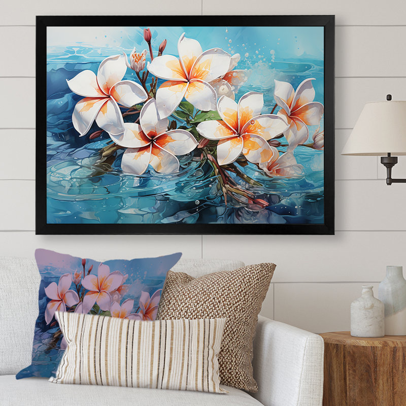 Plumeria Blossoms Come Alive In Water sur toile, Cadre photo noir simple, H 24 po x l 32 po x P 1 po