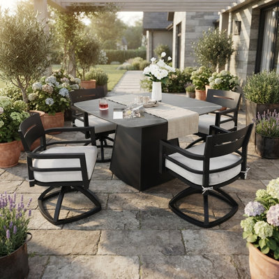 Ensemble de salle à manger à piédestal extérieur 5 pièces, table carrée en fritté de 44 po avec base évasée et 4 chaises pivotantes, coussins en tissu Sunbrella, aluminium antirouille, ensemble de mobilier de patio résistant aux intempéries
