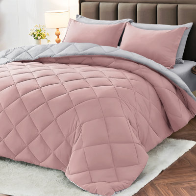 7 Pieces Full Comforter Set, Reversible Bed in a Bag Full Size, All Season Bedding Set with Comforter, Flat Sheet, Fitted Sheet, Pillowcases & Shams, Pink & Light Grey
