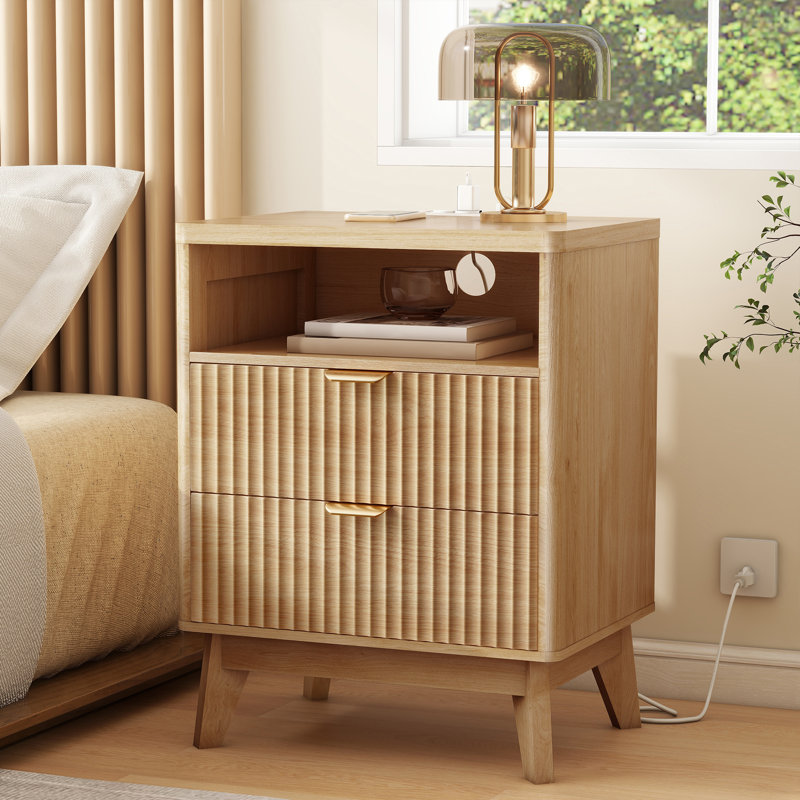 Table de chevet en bois avec station de charge, table de chevet cannelée et commode Rh table , Naturel, Set of 1