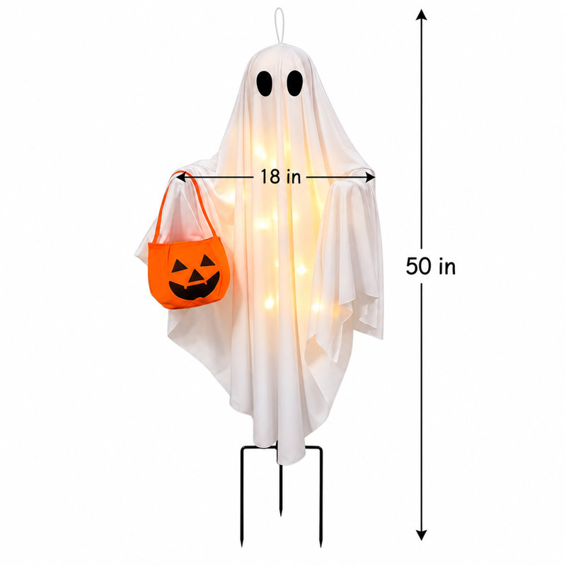 Ensemble de 2 guirlandes lumineuses solaires fantômes pour l'Halloween, avec support à suspendre et à piquer.