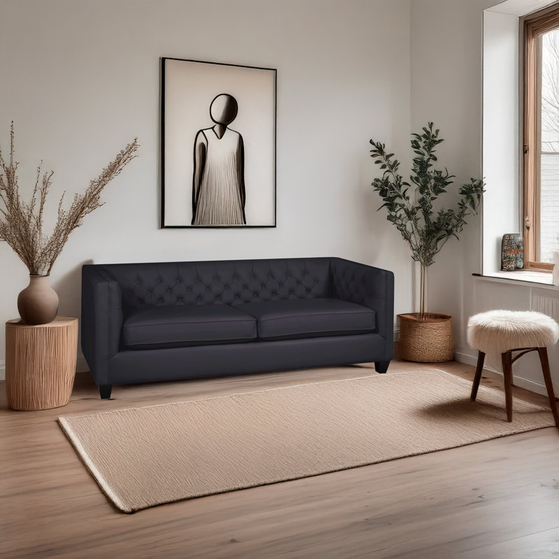 Canapé à accoudoirs en cuir véritable 84 po Bourne, Cuir synthétique noir