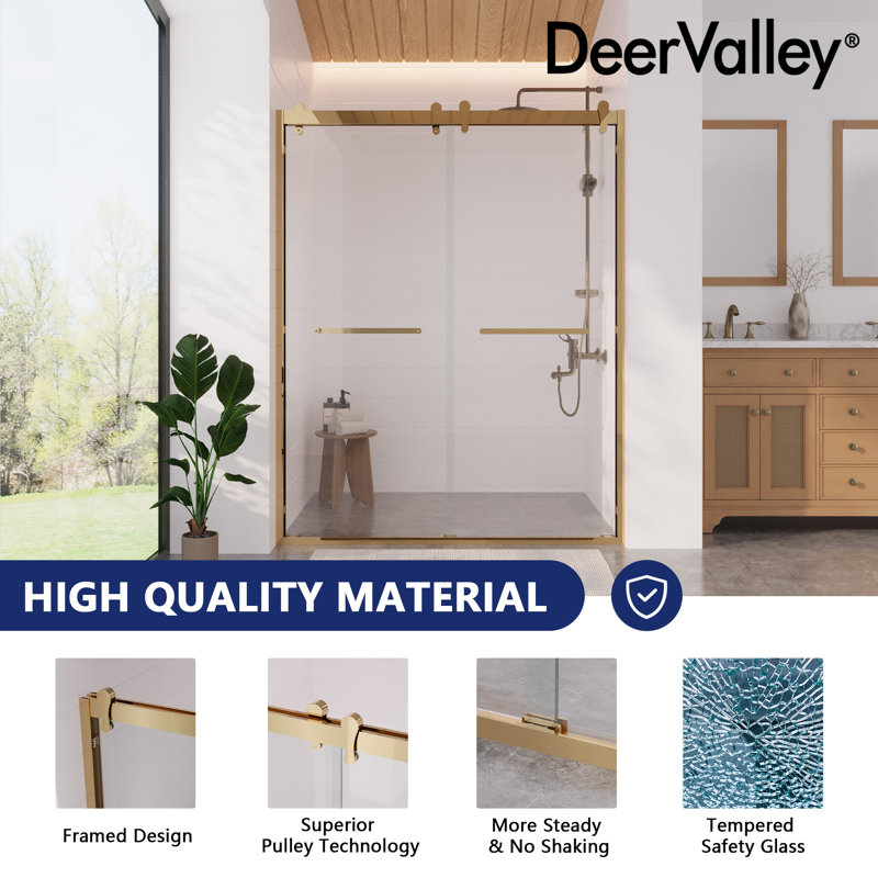 56 In. - 60 In. W X 76 In. H Double Sliding Semi-Frameless Shower Door with 3/8" Tempered Clear Glass, Gold