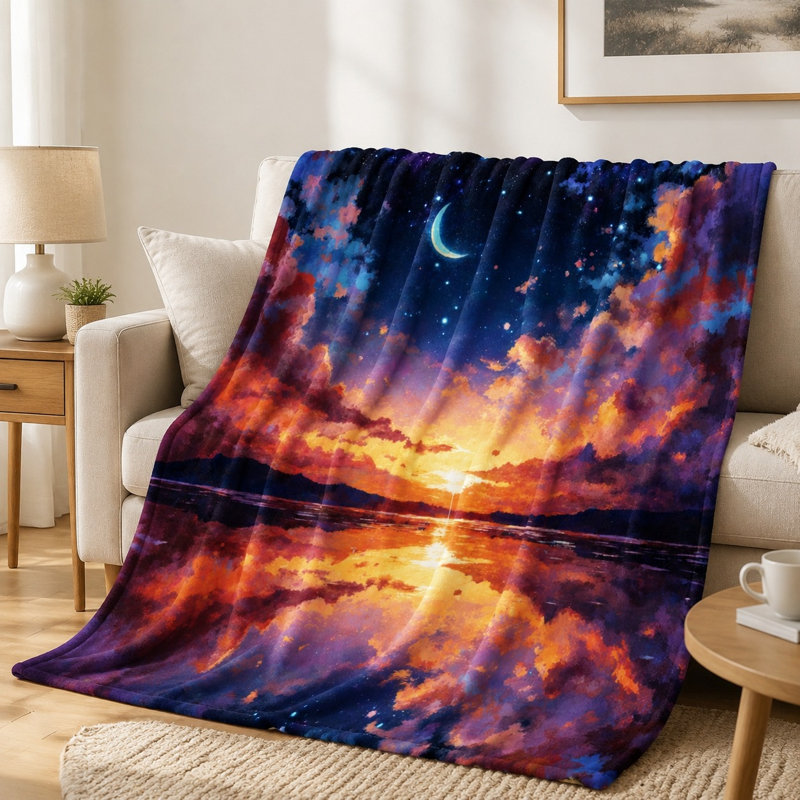 Vibrant Sunset and Moon Throw Blanket, Artistic Sky Water Reflection Sunset Moon Night Scene Pattern, Ultra Soft, Lightweight, Breathable, All-Season, Skin-Friendly, Machine Washable, Decorative, for Sofa, Couch, Living Room and Bedroom