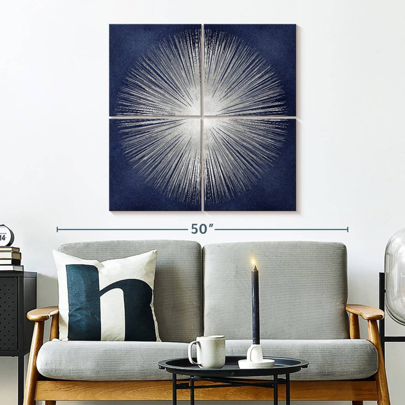 Sunburst argenté sur bleu I, H 32 po x l 32 po