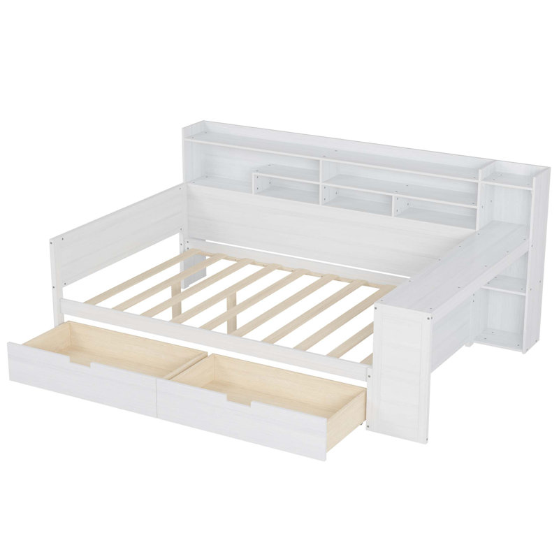 Wooden Daybed With Storage Shelves, Multi-Functional Bed With Two Storage Drawers And Study Desk, Antique White, Full