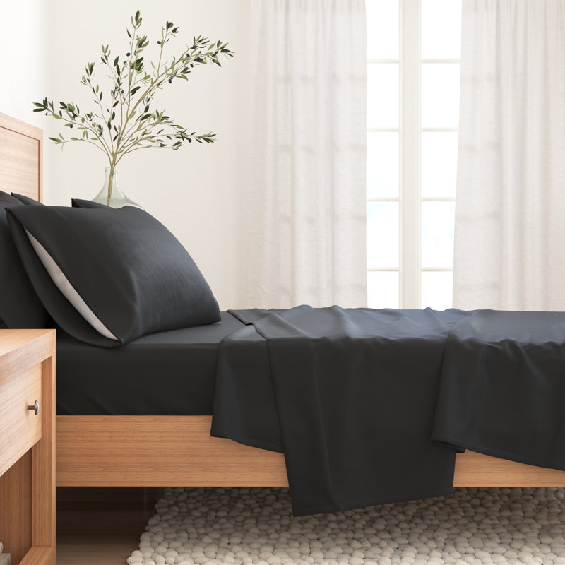 Ensemble de draps 100% flanelle de coton, Noir uni, Très grand avec deux taies d'oreiller
