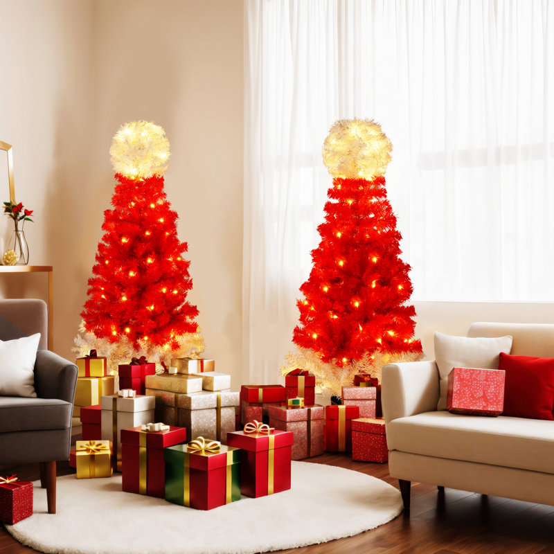 Lighted  Santa Hat Style Christmas Tree Set Of 2,  Artificial Tree With Warm  Lights, Christmas Tree For Decoration Inside And Outside