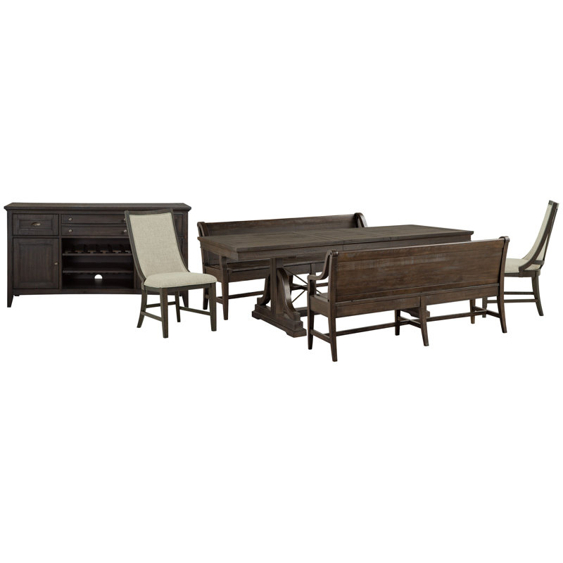 Extendable Trestle Dining Table With 2 Benches 2 Host Chairs And Buffet, 6 Pieces: Table, Buffet, 2 Benches, 2 Chairs