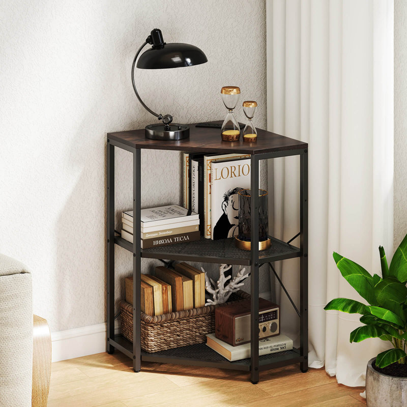 Corner Printer Stand with Charging Station Adjustable Metal Mesh Shelf Brown, Brown/Black