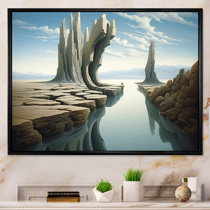 «River Into surreal fantasies Exploration IV», art mural surréalisme, Cadre flottant noir, H 34 po x l 44 po x P 1,5 po