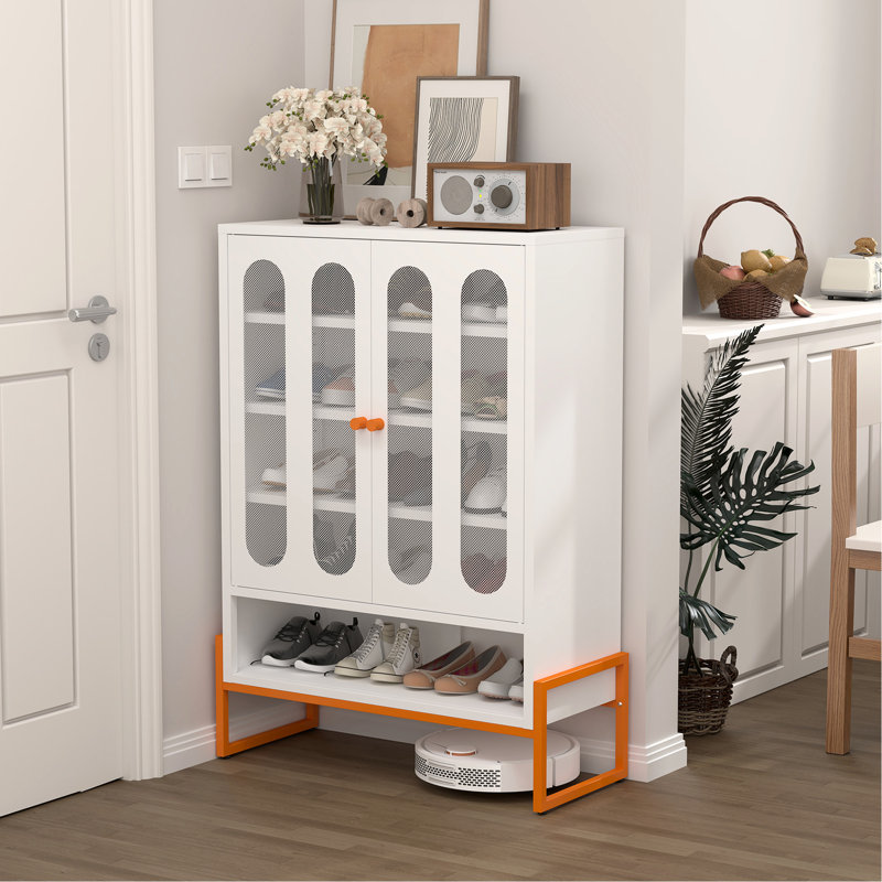 Double Door Shoe Cabinet With 3 - 4 Powder Coated Shelves, 15Cm Elevated Base, And Smooth Steel Handle Modern Adjustable Design, Handle, For Living Areas