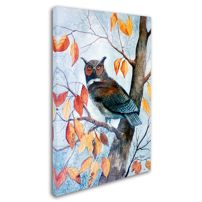«Hibou et feuilles d'automne» par Dugazon, reproduction sur toile tendue, H 19 po x l 12 po
