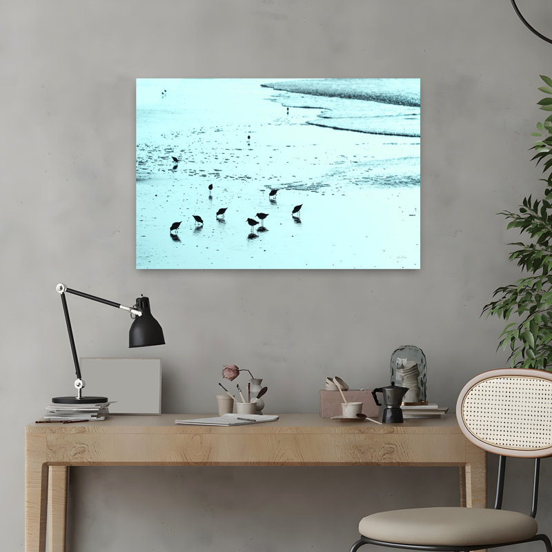«Blue Sandpipers», oiseau abstrait, paysage côtier, art, H 16 po x l 24 po