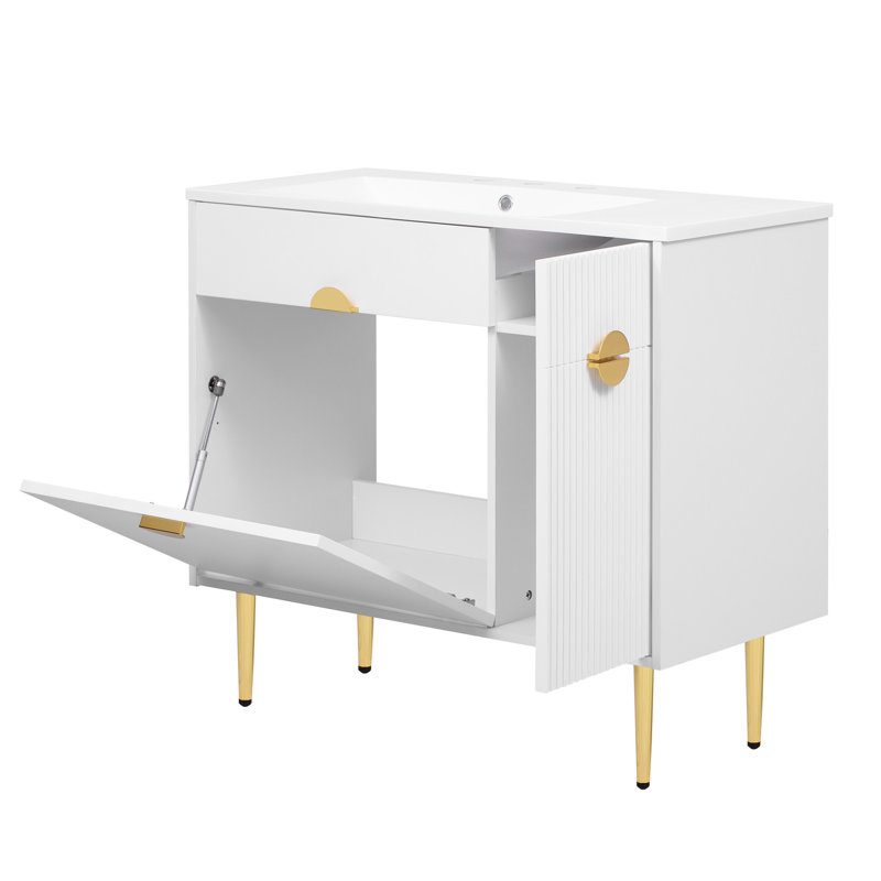 Meuble-lavabo de salle de bain de 30 po avec lavabo en résine, porte escamotable spacieuse, meuble-lavabo moderne à surface lisse de 36 po, conception de rangement bien pensée, compartiments, cuve à teinture