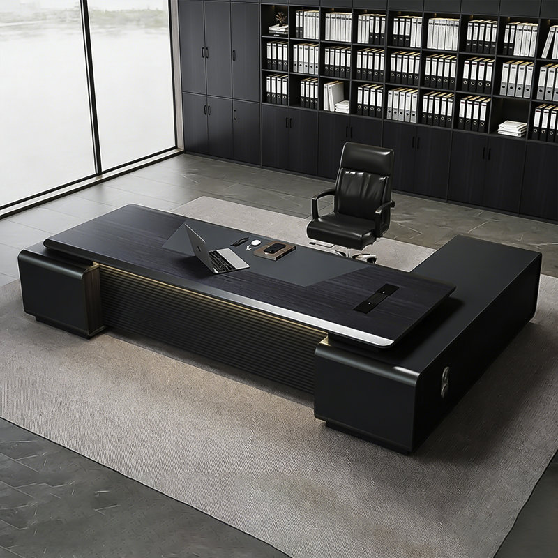Bureau de direction en L gris clair luxueux moderne en forme de L avec prises de courant intégrées et tiroirs à verrouillage numérique par mot de passe