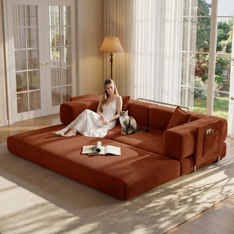 78.8'' Corduroy Convertible Sofa Bed Upholstered Sleeper Sofa with Armrest and Pillow, Orange