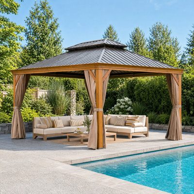 12 ft. x 16 ft. Hardtop Gazebo with Galvanized Steel Double Canopy, Curtains &  Netting for Patio, Deck, and Backyard
