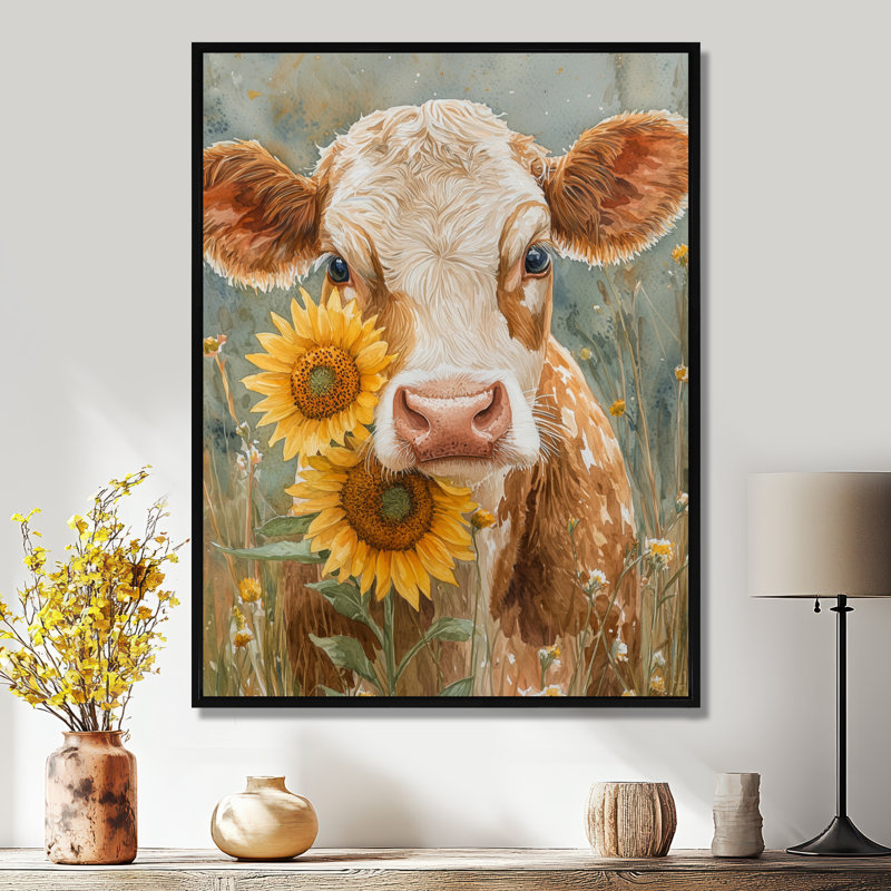 Vache Dulcemaria, peinture avec pivoines VI - vache, art mural, Noir, Reproduction avec cadre flottant, H 20 po x l 12 po