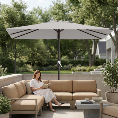 8×10FT Solar LED All-Steel Rectangular Patio Umbrella, UPF 50+ UV Protection, Crank Handle, 8 Heavy Duty Ribs, Outdoor Market Umbrella for Garden, Pool, Backyard, Light Gray