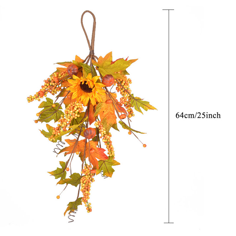 Guirlande de tournesol artificielle, couronne d'automne en forme de goutte avec feuilles d'érable et baies pour la porte de l'Action de grâce
