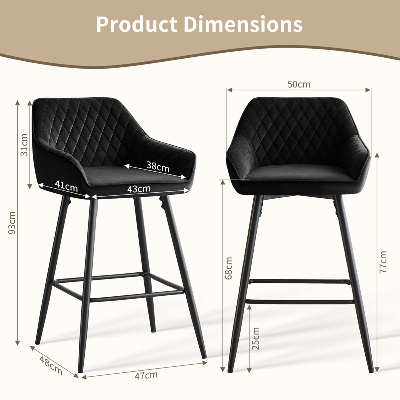 Saarrah 68cm Upholstered Bar Stool with Arms, Black Velvet, 2