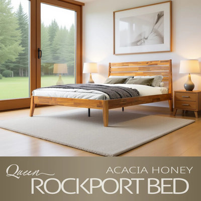 Queen Size Platform Bed Frame with Headboard & Footboard, Center Metal Legs, 12 Solid Wood Sturdy Slatted Base, No Box Spring Needed, Easy Assembly, Anti-Noise & Slip-Free, Acacia Honey Finish
