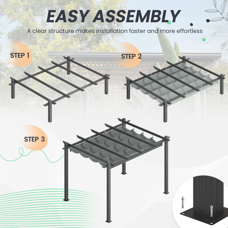 Erommy 10' X 13' Outdoor Pergola With Retractable Canopy, Heavy-Duty Metal Frame And Adjustable Patio Shade Roof, Gray, Gray
