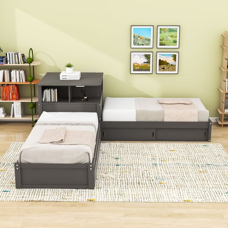 Lit plateforme simple en L en bois avec lit gigogne simple, tablettes de rangement et lumière DEL, gris