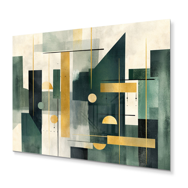 Décoration murale en métal aux formes abstraites dorées et vertes, H 16 po x l 32 po 