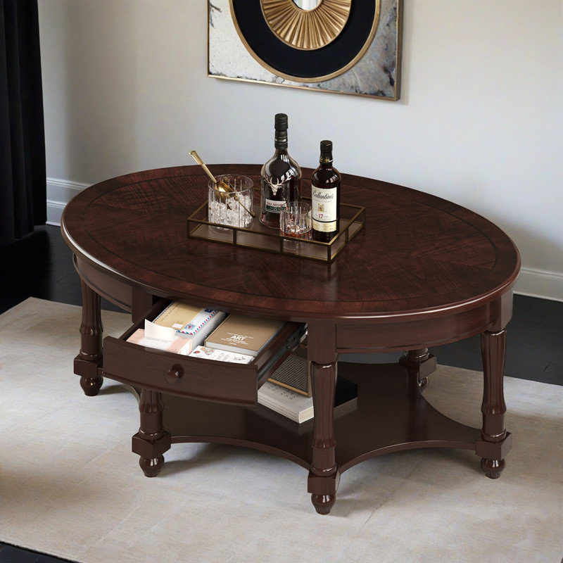 Table basse ovale de 45 po avec tiroir et étagère de rangement, Dessus noyer / base noyer