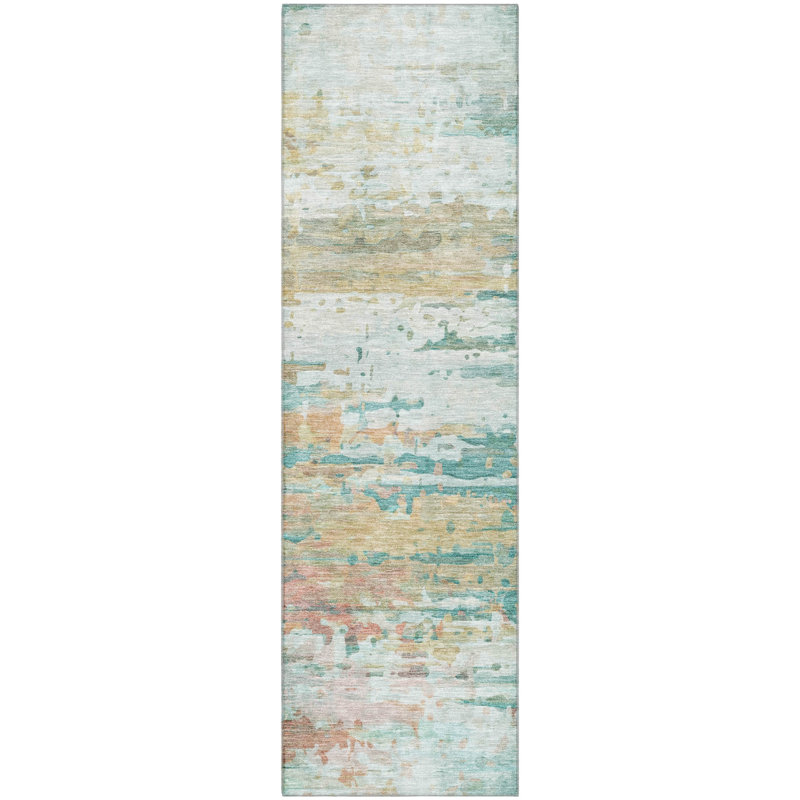 Premium Machine Washable Mayfield AMF2034 Abstract Rug, 2'3" x 7'6" Runner, Teal