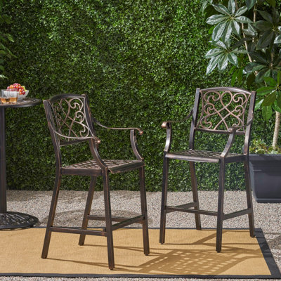  Tabourets de bar d'extérieur en métal 2 pièces, chaises de patio en fonte d'aluminium avec dossier à volutes ornées, cuivre