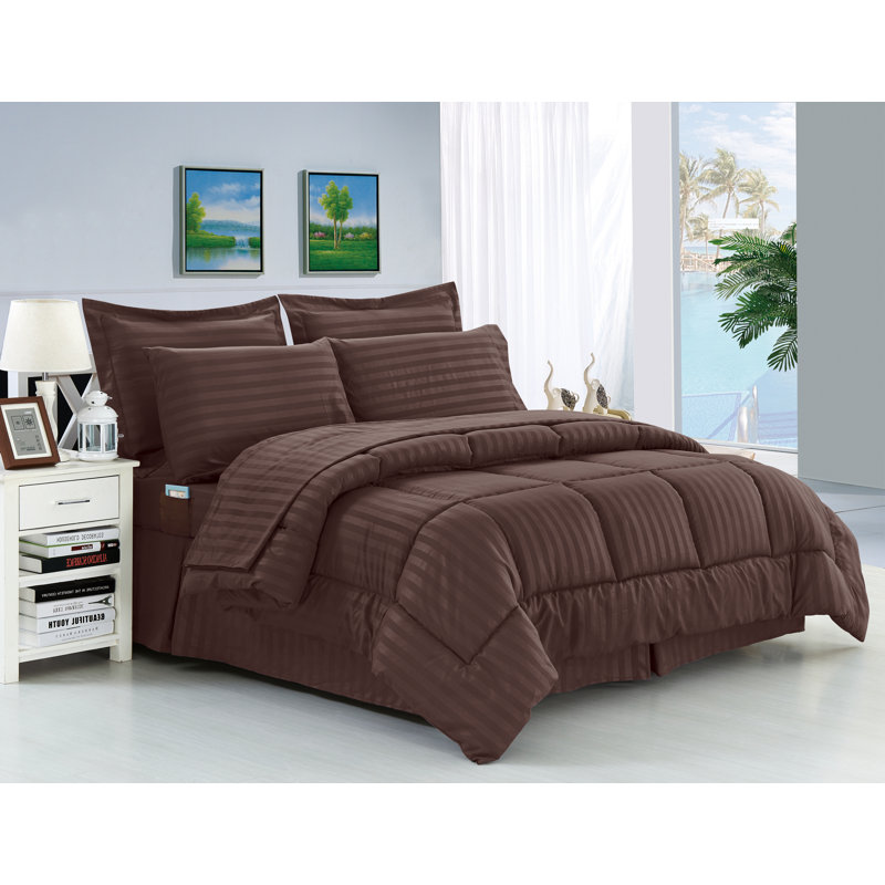 Polyester Baffle Box Stitch Striped Comforter, Chocolate, Full/Queen Comforter + 7 Additional Pieces