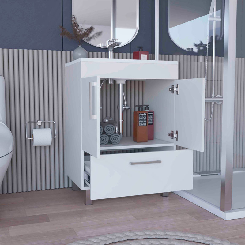 Velloc Single Bathroom Vanity, Double Door Cabinet, One Drawer -White, White