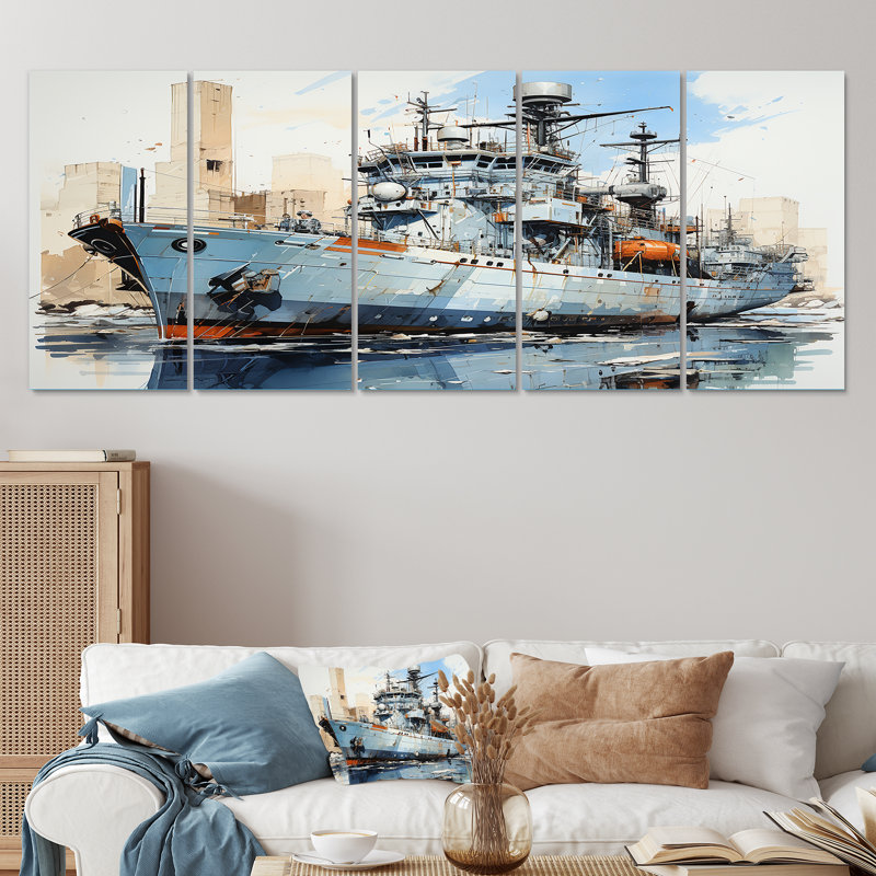 Marine armée, bateau, frégate III, ensemble d'art mural 5 pièces, H 32 po x l 80 po