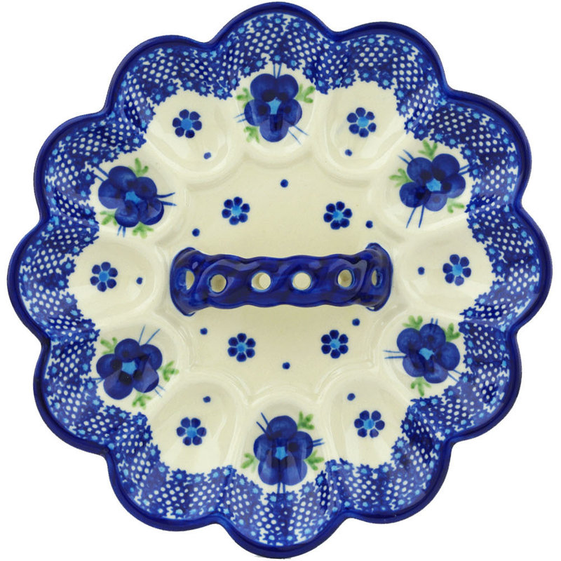 Assiette à oeuf bleu-belle fleur en céramique