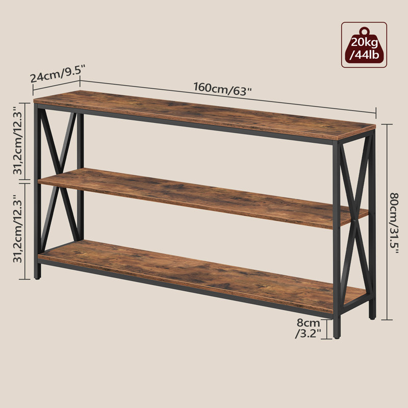  Console étroite à 3 niveaux avec rangement Maiocco, Brun rustique, H 31,69 po x l 63 po x P 9,45 po