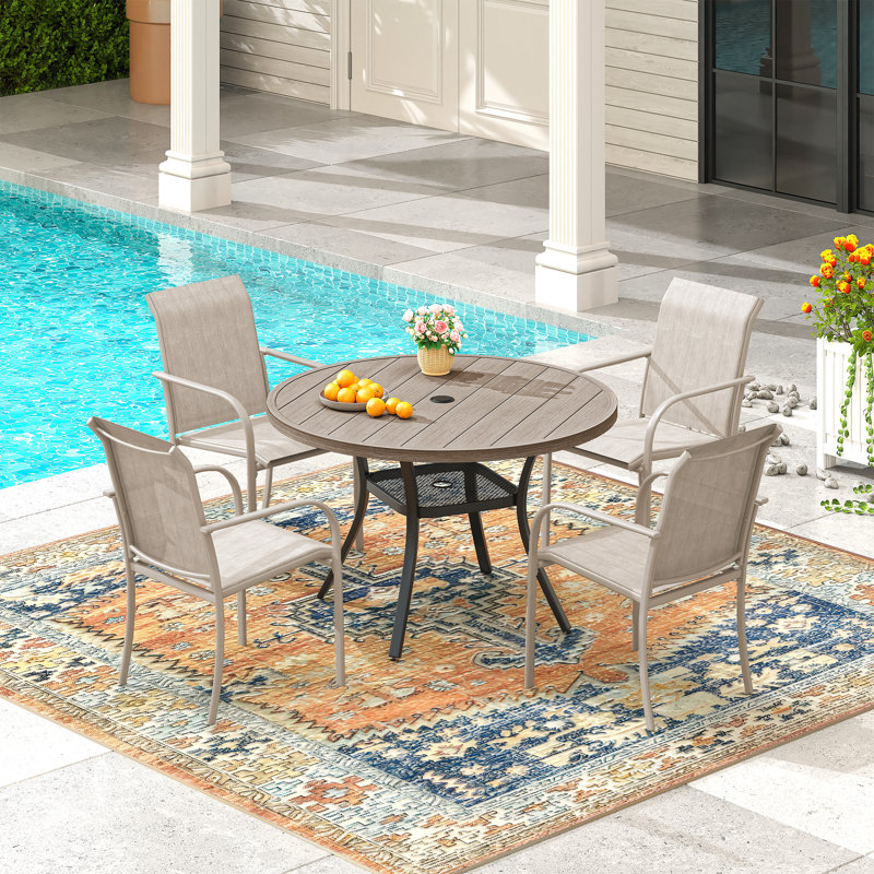 Ensemble repas d'extérieur pour 4 personnes avec chaises empilables 4 personnes, Crème / gris aspect bois