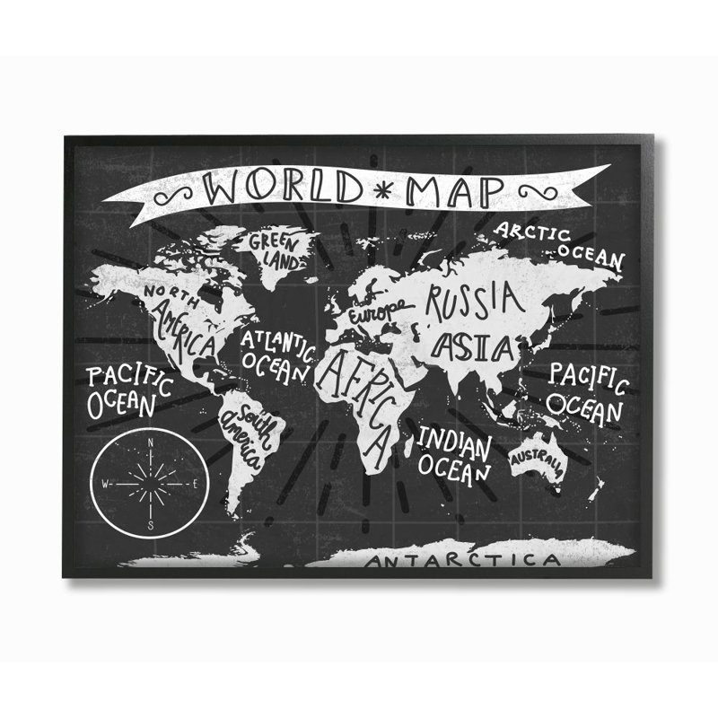 Décoration murale pour enfants world map Wincott, H 16 po x l 20 po x P 1,5 po, Giclée encadrée noir minuit