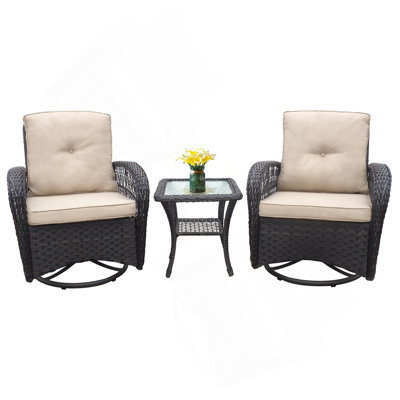 3 Pieces Conversation Set, Outdoor Wicker Rocker Swivel  Patio Bistro Set,  Rocking Chair With Glass Top Side Table,Khaki